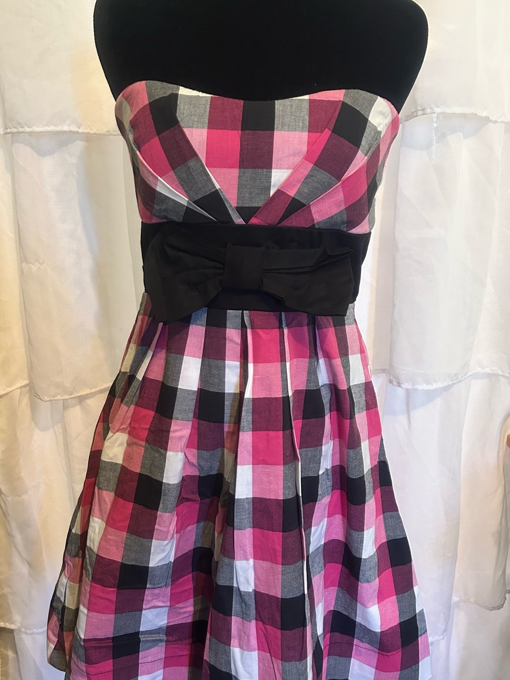 Body Central Pink Plaid Strapless Mini Dress with Black Bow
